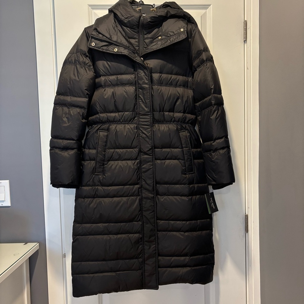 NWT Kate Spade New York Quilted Long Down Parka With Bib, Black Size Small - Picture 5 of 16